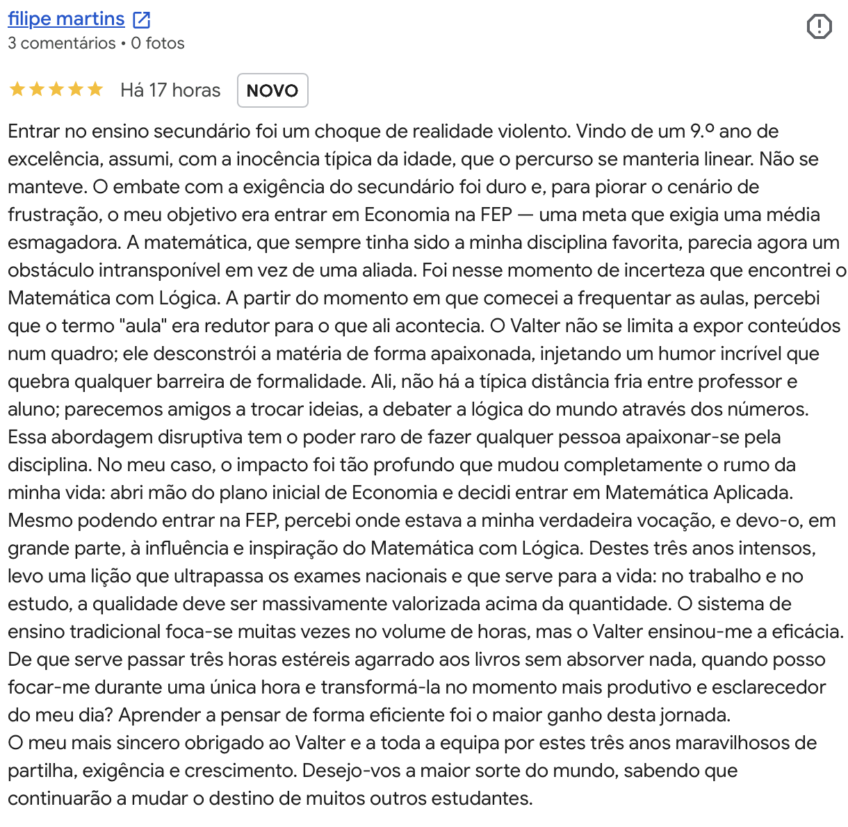 Avaliacao Google 5 estrelas de Filipe Martins: a Matematica com Logica mudou o rumo da sua vida academica.